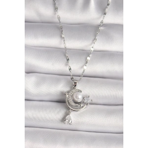 316L Çelik Gümüş Renk Zirkon Taşlı Ay Yıldız Sallantı Detay Kadın Kolye