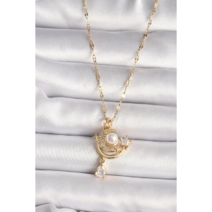 316L Gold Renk Zirkon Taşlı Ay Yıldız Model Sallantı Detay Kadın Kolye