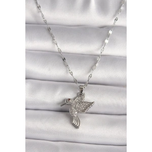 316L Gümüş Renk Zirkon Taşlı Sinek Kuşu Model Kadın Kolye