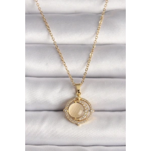 316L Çelik Gold Renk Zirkon Taşlı Sarı Sedefli Hilal Model Kadın Kolye