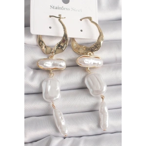 Pirinç Gold Renk Sallantı Ezme İnci Model Kadın Küpe