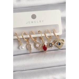 Pirinç Gold Renk Sallantı Zirkon Taşlı Fatma Ana El Figür Kadın Küpe Seti