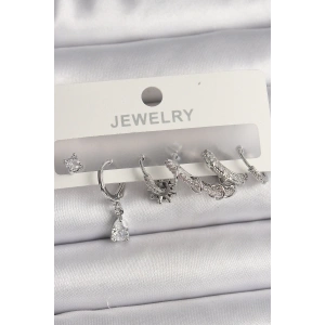 Pirinç Gümüş Renk Sallantı Zirkon Taşlı Halka Model Damla Taş Detay Kadın Küpe Seti