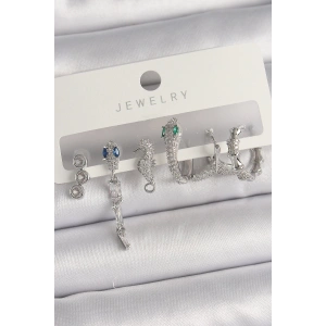 Pirinç Gümüş Renk Sallantı Zirkon Taşlı Yılan Model Kadın Küpe Seti