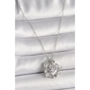 316L Çelik Gümüş Renk Zincir Zirkon Taşlı Kalp Figür Gül Detay Kadın Kolye