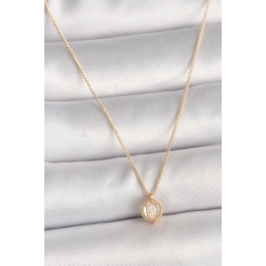 Pirinç Gold Renk Zirkon Taşlı Daire Kafes Model Kadın Kolye