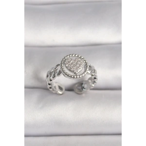 Pirinç Gümüş Renk Zincir Model Zirkon Taşlı Kalp Model Kadın Yüzük