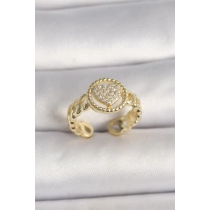 Pirinç Gold Renk Ayarlanabilir Zirkon Taşlı Kalp Model Kadın Yüzük