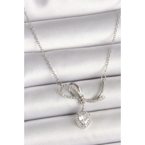 316L Çelik Gümüş Renk Zincir Zirkon Taşlı Düğüm Sallantı Kalp Figür Kadın Kolye