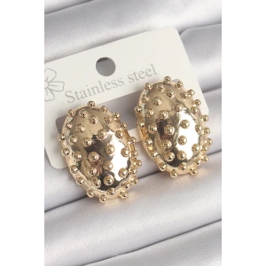 Pirinç Gold Renk İşleme Detaylı Oval Bombe Plaka Model Kadın Küpe