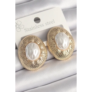 Pirinç Gold Renk İncili İşlemeli Daire Model Kadın Küpe