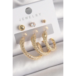 Pirinç Gold Renk Zirkon Taşlı Topçuk Detay Yılan Halka Model Kadın Küpe Seti