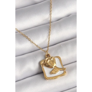 316L Çelik Gold Renk Zincir Beyaz Mineli Gül Portre Model Kadın Kolye