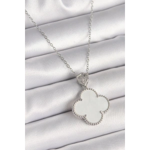 316L Çelik Gümüş Renk Zincir Zirkon Taş Detaylı Beyaz Yonca Model Kadın Kolye