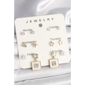 Pirinç Gold Renk Zirkon Taşlı Yıldız Figür Sallantı Beyaz Mineli Model 7Li Kadın Küpe Seti