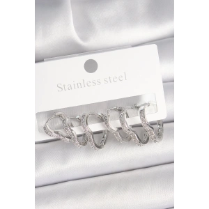 Pirinç Gümüş Renk Zirkon Taşlı 3 Çift Kalp Model Kadın Küpe