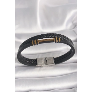 316L Çelik Gold Renk ZikZak İşlemeli Aksesuarlı Çift Sıra Burgu Desenli Deri Kordon Erkek Bileklik