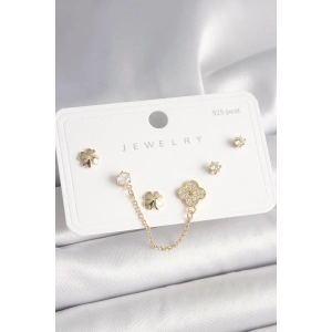 925 Ayar Gümüş Çivi Pirinç Gold Renk Zirkon Taşlı Yonca Model Sallantı Zincir Detay Kadın Küpe Seti