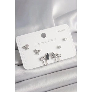 925 Ayar Gümüş Çivi Pirinç Gümüş Renk Zirkon Taşlı Kelebek Model Kadın Küpe Seti