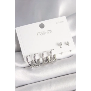 925 Ayar Gümüş Çivi Pirinç Gümüş Renk Zirkon Taşlı Tiffany Halka Model Kadın Küpe Seti