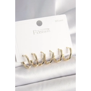 925 Ayar Gümüş Çivi Pirinç Gold Renk Oval Halka Model Kadın Küpe Seti