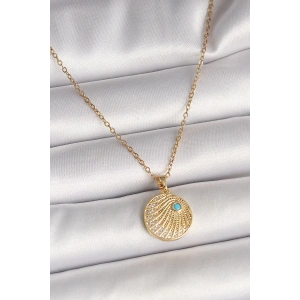 316L Çelik Gold Renk Zincir Zirkon Taş İşlemeli Mavi Taş Detaylı Madalyon Model Kadın Kolye