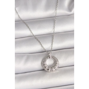 316L Çelik Gümüş Renk Zincir Zirkon Taş İşlemeli Daire Model Kadın Kolye