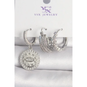 Pirinç Gümüş Renk Zirkon Taşlı Göz İşlemeli Halka Model 3Lü Kadın Kombin Küpe