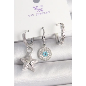 Pirinç Gold Renk Zirkon Taşlı Yıldız Model Nazar Boncuk Detay 3Lü Kadın Kombin Küpe