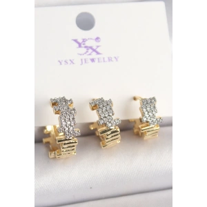 Pirinç Gold Renk Zirkon Taşlı Dorika Model 3Lü Kadın Kombin Küpe