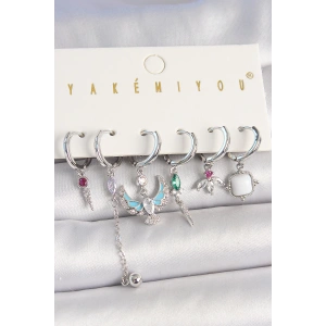 Pirinç Gümüş Renk Zirkon Taşlı Kuş Figür Çiçek Detay 6Lı Kadın Kombin Küpe