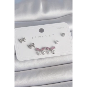 Pirinç Gümüş Renk Pembe Zirkon Taşlı Kurdele Model İnci Detay 925 Ayar Gümüş Çivi Kadın Küpe Seti