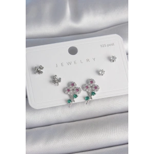 Pirinç Gümüş Renk Renkli Zirkon Taşlı Çiçek Model Yaprak Detay 925 Ayar Gümüş Çivi Kadın Küpe Seti