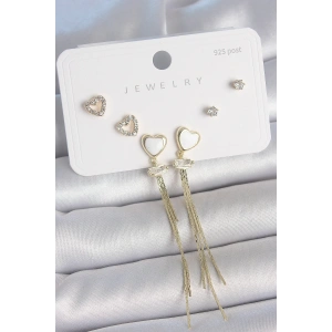 Pirinç Gold Renk Beyaz Mineli Sallantı Mineli Kalp Model Zirkon Taş Detaylı 925 Ayar Gümüş Çivi Kadın Küpe Seti