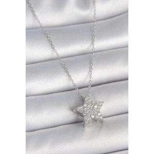 316L Çelik Gümüş Renk Zincir Zirkon Taşlı Yıldız Model Kadın Kolye