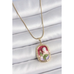 316L Çelik Gold Renk Zincir Mix Renk İncili Çiçek İşlemeli Portre Model Kadın Kolye