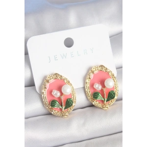 Pirinç Gold Renk Pembe Mineli İncili Çiçek İşlemli Portre Model Kadın Küpe