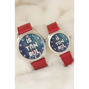 Bordo Renk Deri Kordonlu İstanbul Tasarımlı Sevgili Saatleri