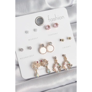 Pirinç Gold Renk Zirkon Taşlı Sallantı Damla Figür Beyaz Mine Detay 7 Çift Kadın Küpe Seti