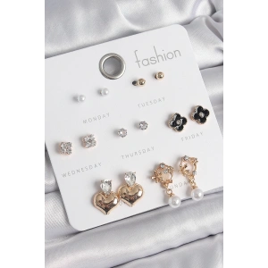 Pirinç Gold Renk Zirkon Taşlı Kalp Figür Siyah Yonca Detay 7 Çift Kadın Küpe Seti