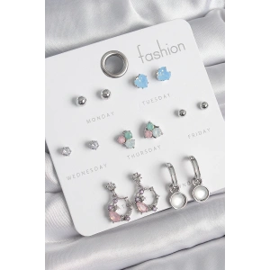 Pirinç Gümüş Renk Zirkon Taşlı Sallantı Halka Model Çiçek Detay 7 Çift Kadın Küpe Seti