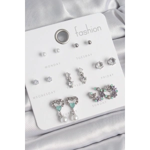 Pirinç Gümüş Renk Zirkon Taşlı Sallantılı Kalp Model Çiçek Detay 7 Çift Kadın Küpe Seti