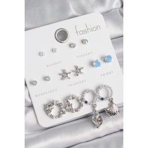 Pirinç Gümüş Renk İncli Zirkon Taşlı Halka Figür Yıldız Detay 7 Çift Kadın Küpe Seti