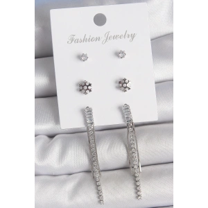 Pirinç Gold Renk Zirkon Taşlı Sallantılı Çiçek Detay 3 Çfit Kadın Küpe Seti