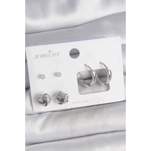 Pirinç Gümüş Renk Zirkon Taşlı Halka Model 3 Çift Kadın Küpe Seti