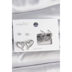 Pirinç Gümüş Renk Zirkon Taşlı Halka Model Kalp Detay 3 Çift Kadın Küpe Seti