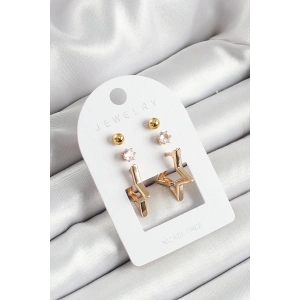 Pirinç Zirkon Taş Ve Yıldız Figürlü Gold Renk 3lü Çift Kadın Küpe Set