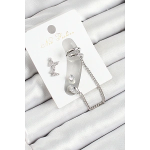 Pirinç Kelebek Figürlü Zirkon Taşlı Gümüş Renk 3lü Kıkırdak Kadın Küpe Set