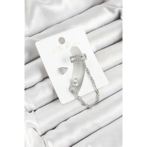 Pirinç Üçgen Figürlü Zirkon Taşlı Gümüş Renk 3lü Kıkırdak Kadın Küpe Set