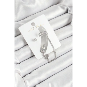 Pirinç Yılan Figürlü Zirkon Taşlı Gümüş Renk 3lü Kıkırdak Kadın Küpe Set